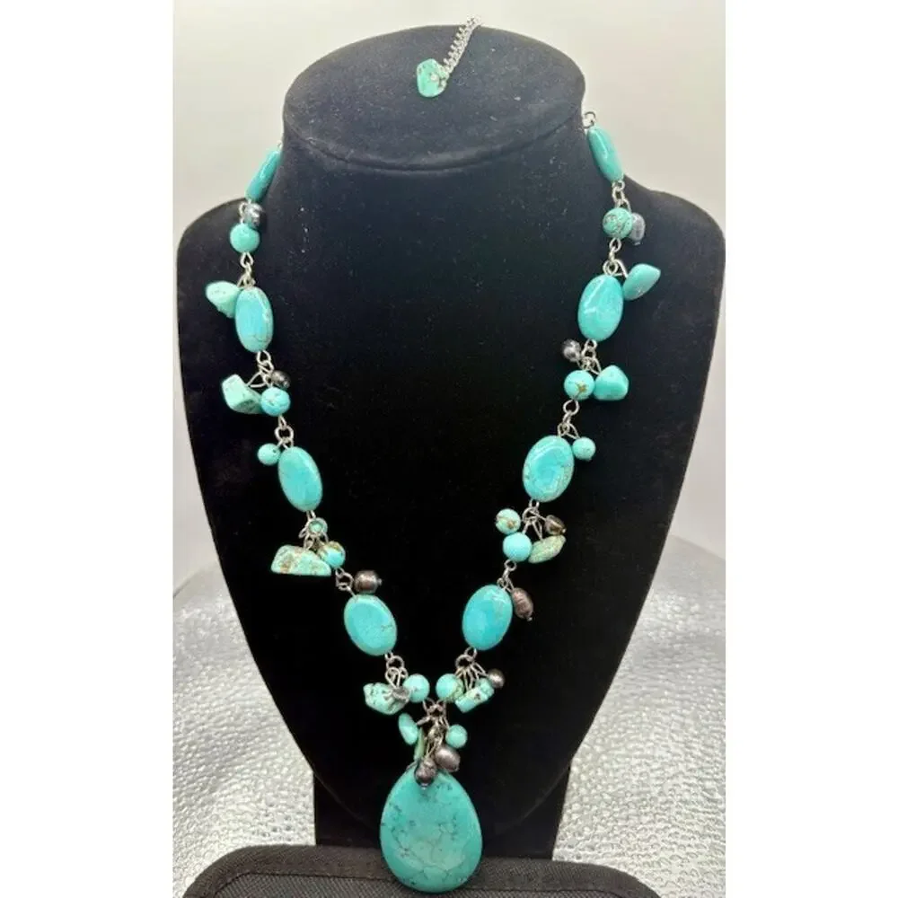 Turquoise Style Beaded Stone Necklace and Earring Set - Nickel and Lead Free - Picture 2 of 7